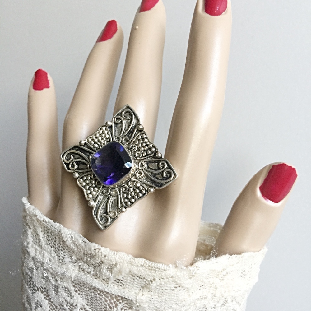 Large Vintage Sterling Iolite Cross Statement Ring - Picture 1 of 8